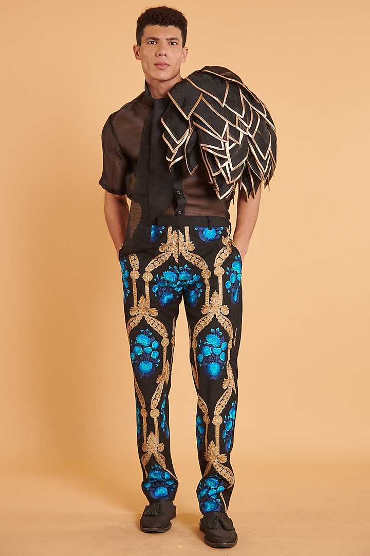 Black Tussar Embroidered Pants by Siddartha Tytler Men at Pernia's Pop Up Shop