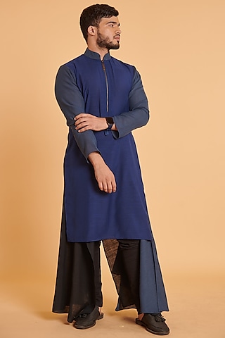 Navy Blended Linen Kurta Set by Siddartha Tytler Men