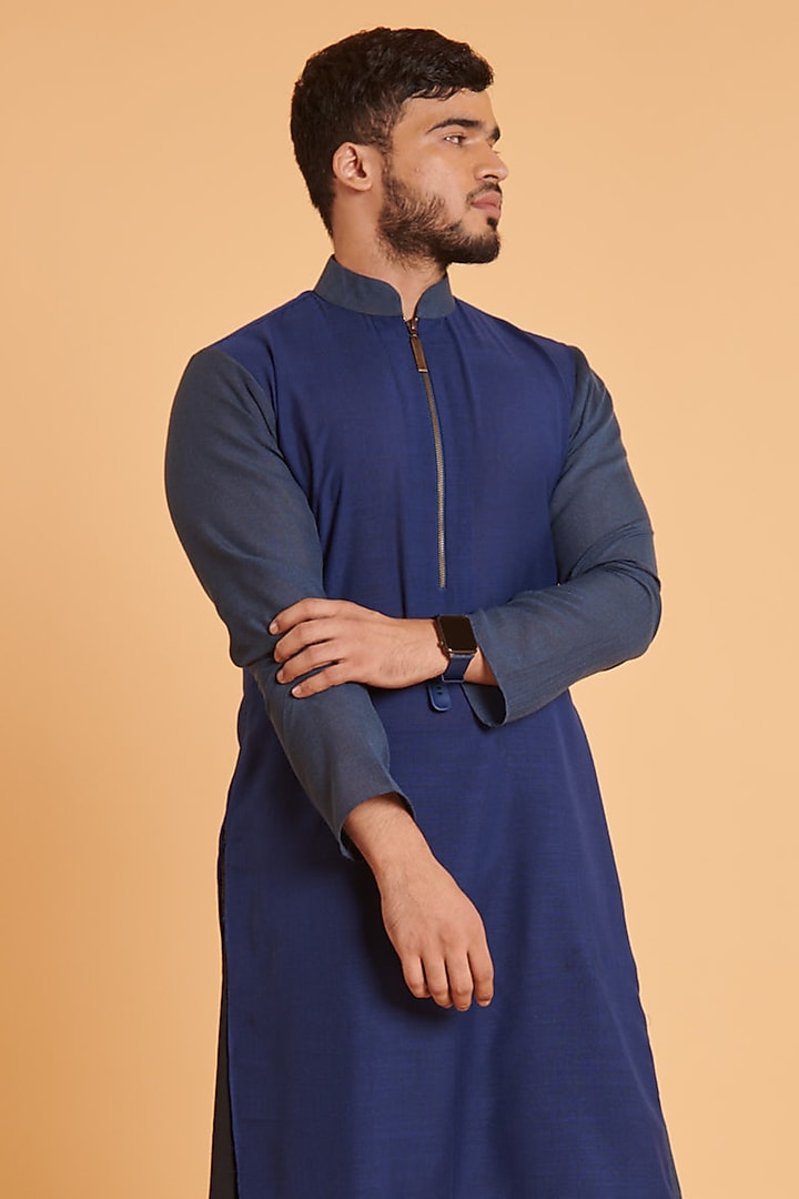 Navy Blended Linen Kurta Set by Siddartha Tytler Men at Pernia's Pop Up Shop