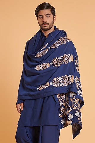 Navy Blue Blended Linen Embroidered Dupatta by Siddartha Tytler Men