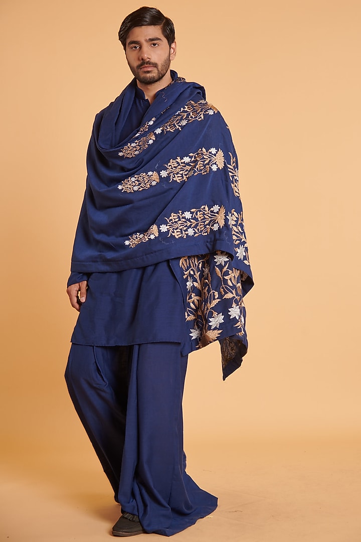 Navy Blue Blended Linen Embroidered Dupatta by Siddartha Tytler Men at Pernia's Pop Up Shop