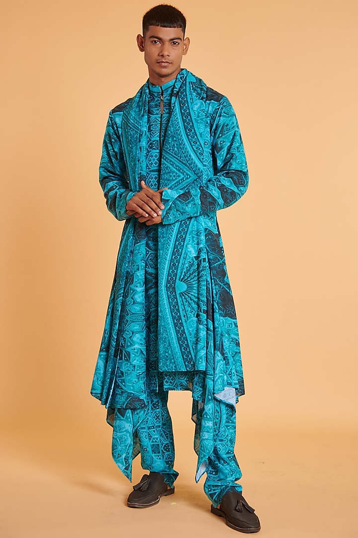 Blue Blended Linen Printed Kurta Set by Siddartha Tytler Men