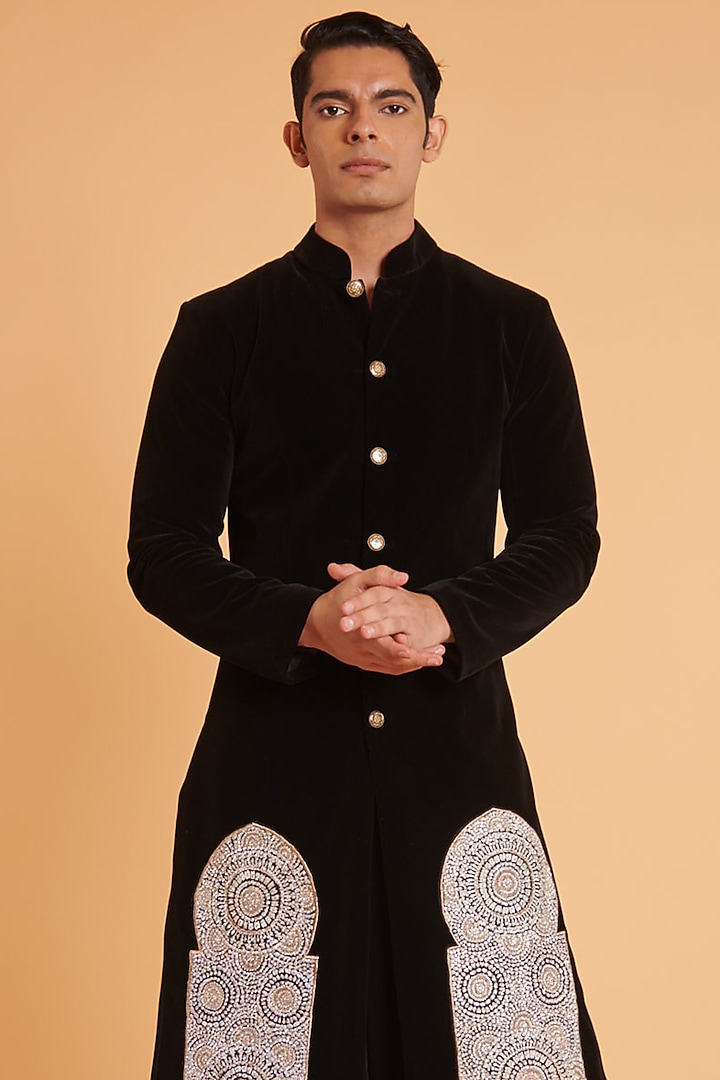 Black Velvet Groom Sherwani Set by Siddartha Tytler Men at Pernia's Pop Up Shop