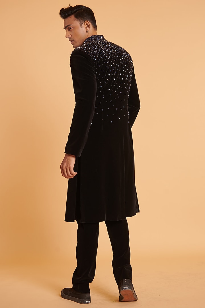 Black Velvet Embellished Groom Sherwani Set by Siddartha Tytler Men at Pernia's Pop Up Shop