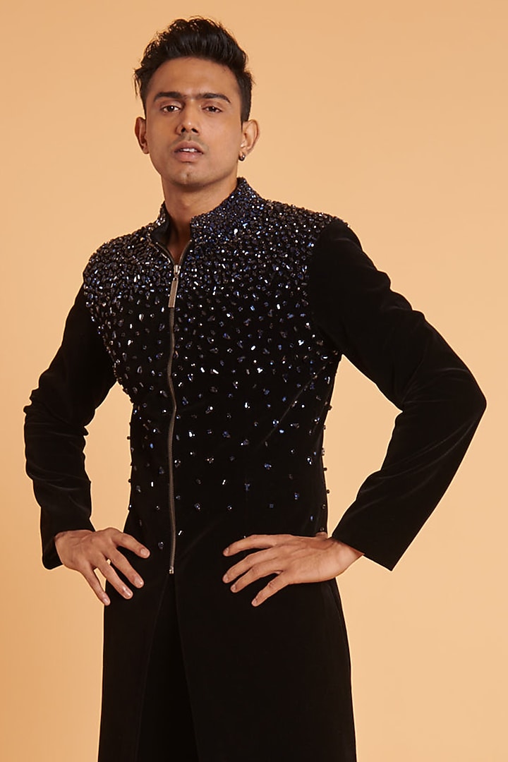 Black Velvet Embellished Groom Sherwani Set by Siddartha Tytler Men at Pernia's Pop Up Shop
