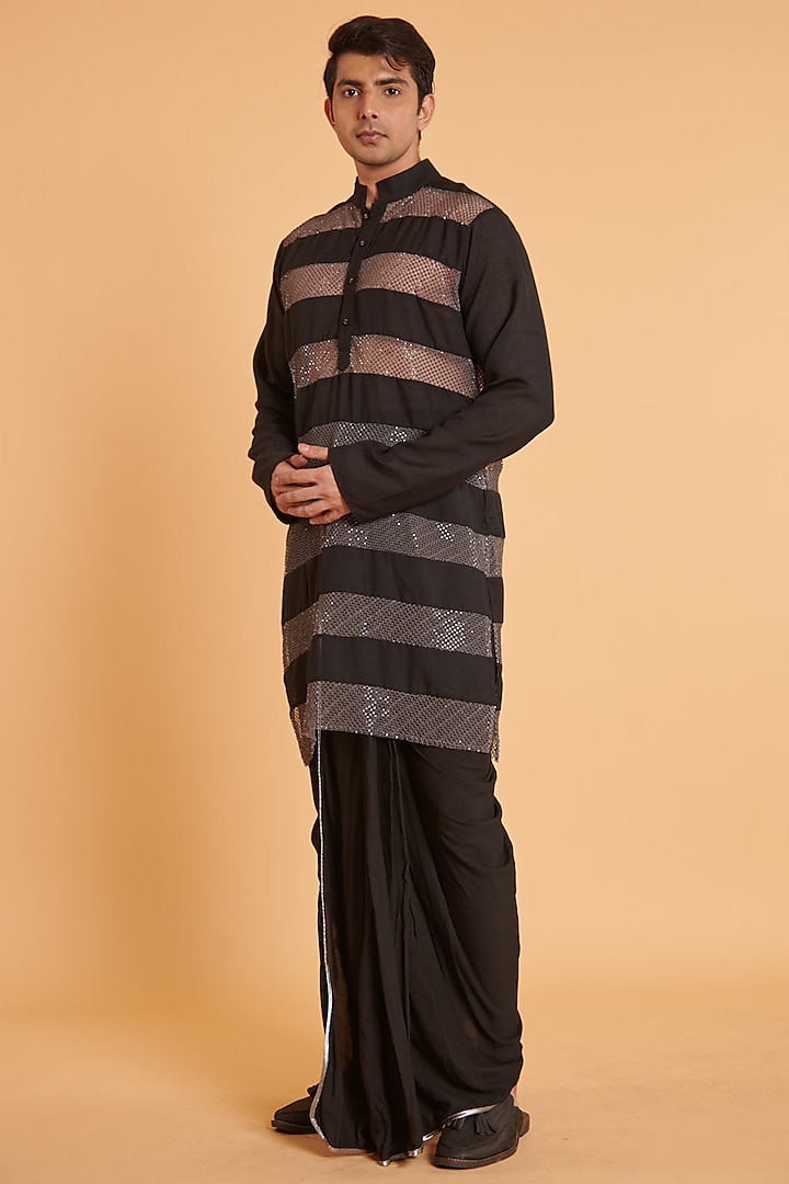 Black & Grey Blended Linen Striped Kurta Set by Siddartha Tytler Men