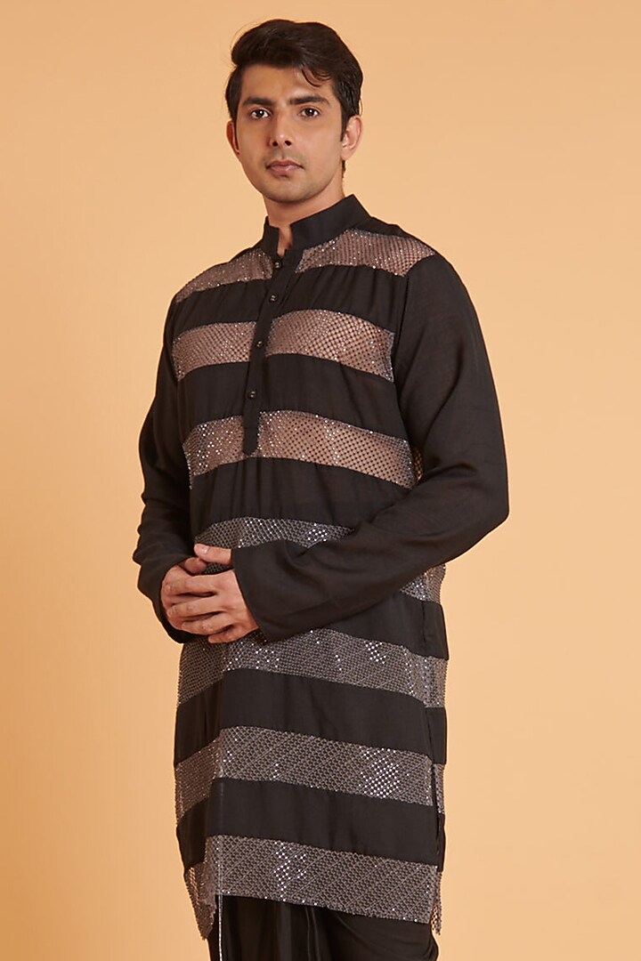 Black & Grey Blended Linen Striped Kurta Set by Siddartha Tytler Men at Pernia's Pop Up Shop