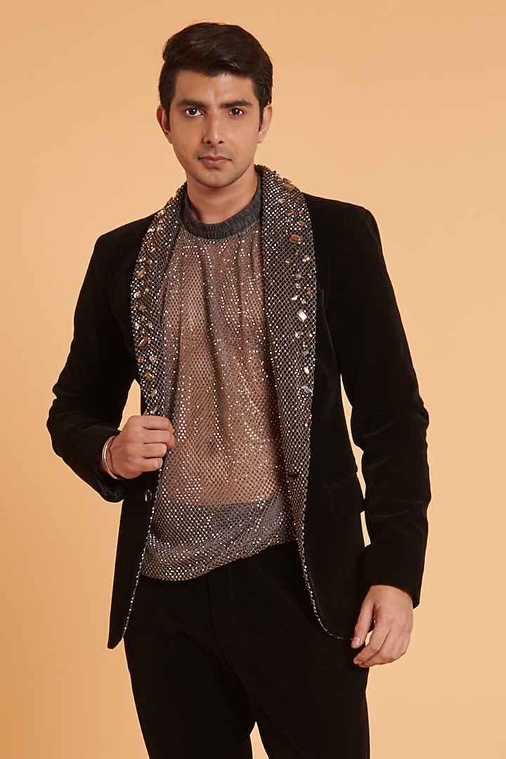 Grey Crystal Mesh Jumper by Siddartha Tytler Men at Pernia's Pop Up Shop