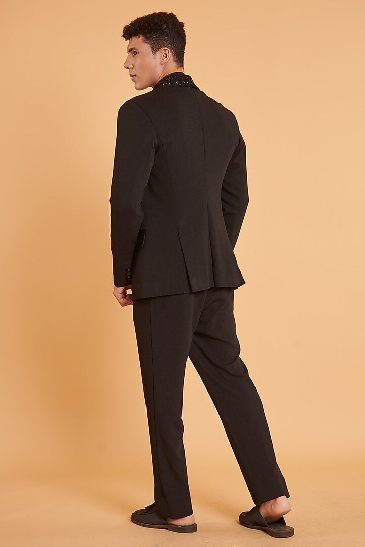 Black Textured Knit & Crystal Mesh Blazer Set by Siddartha Tytler Men at Pernia's Pop Up Shop