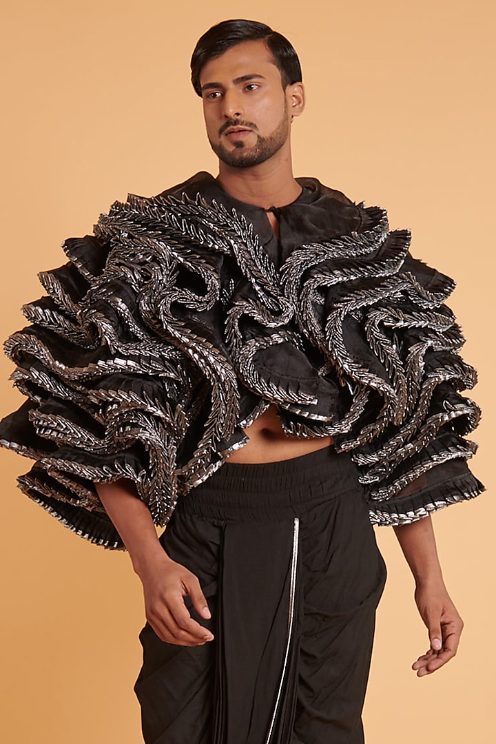 Black Organza Ruffled Jacket by Siddartha Tytler Men