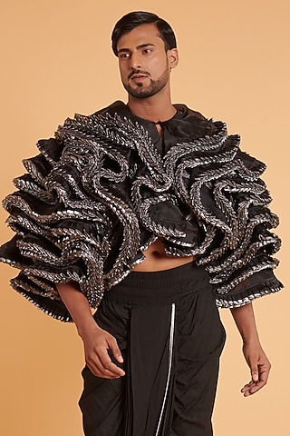 Black Organza Ruffled Jacket by Siddartha Tytler Men