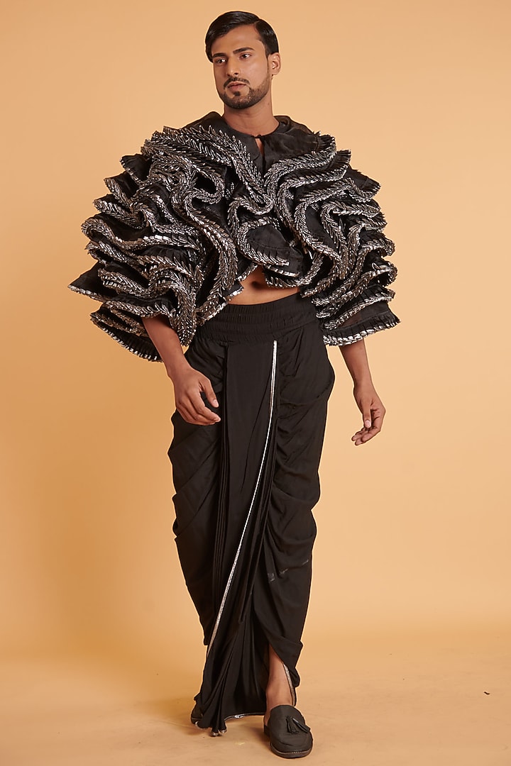 Black Rayon Pre-Draped Dhoti by Siddartha Tytler Men at Pernia's Pop Up Shop