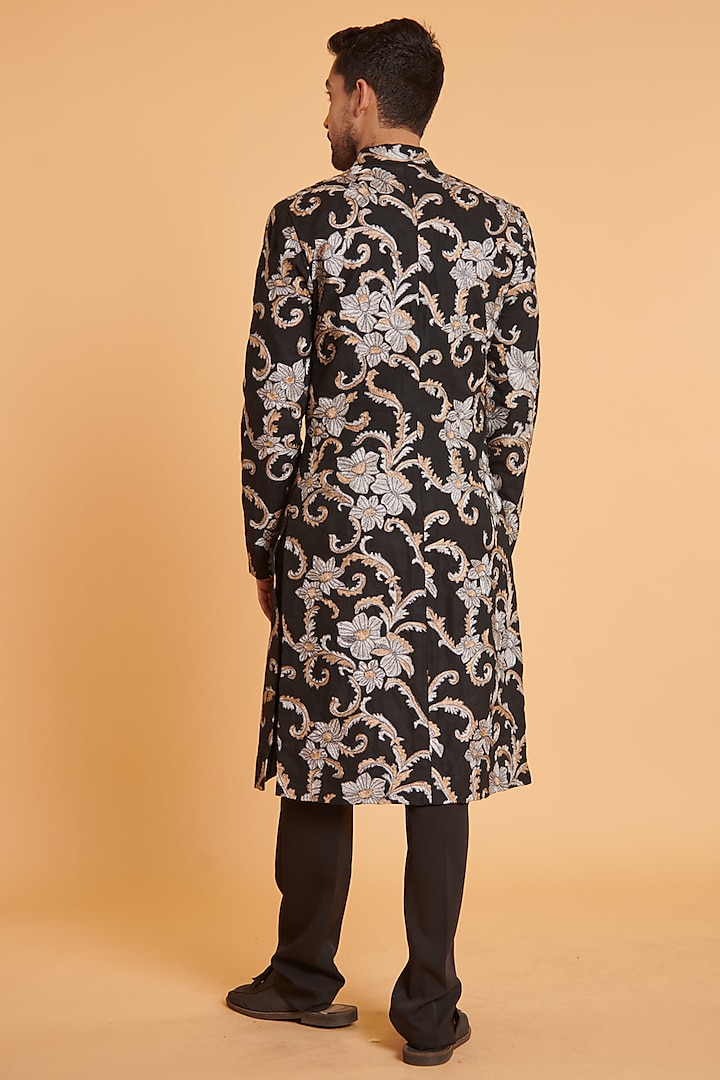 Black Matka Silk Floral Embroidered Groom Sherwani Set by Siddartha Tytler Men at Pernia's Pop Up Shop