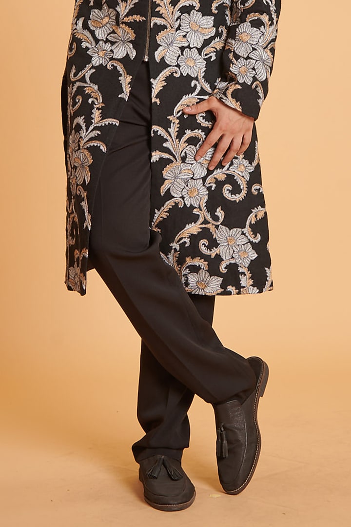 Black Matka Silk Floral Embroidered Groom Sherwani Set by Siddartha Tytler Men at Pernia's Pop Up Shop