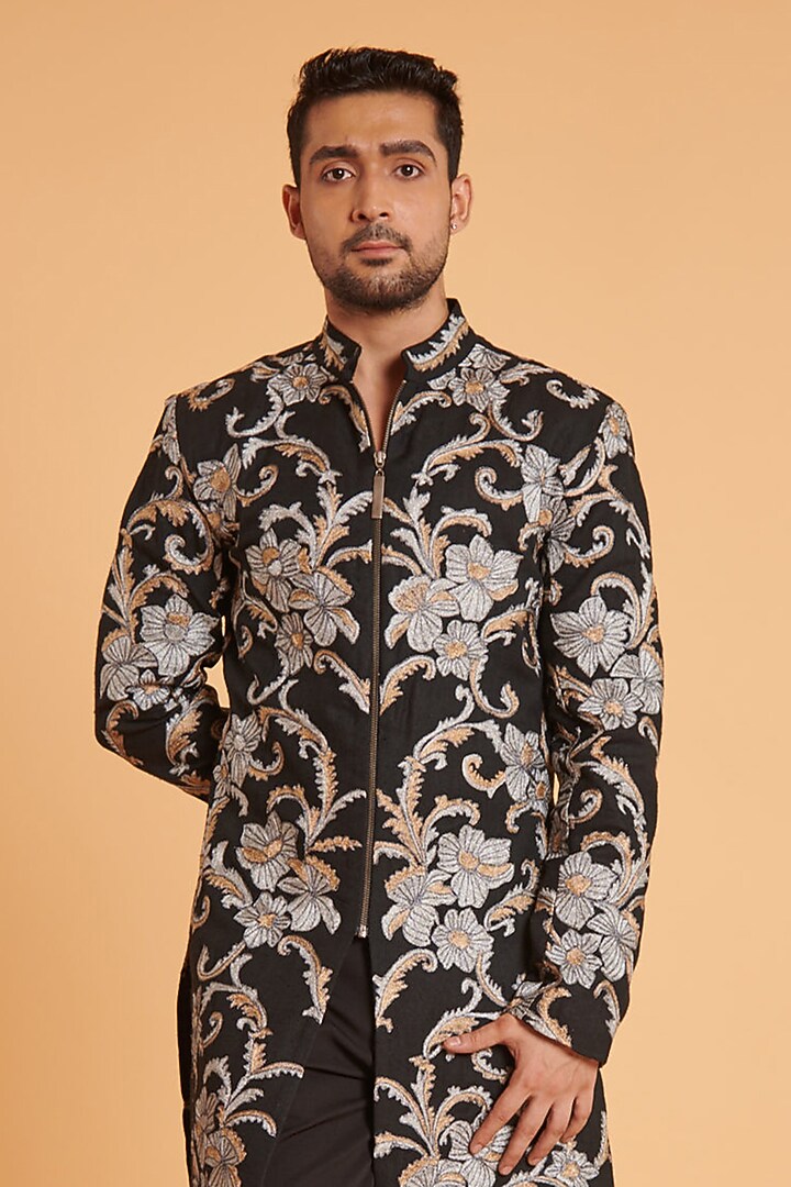 Black Matka Silk Floral Embroidered Groom Sherwani Set by Siddartha Tytler Men at Pernia's Pop Up Shop