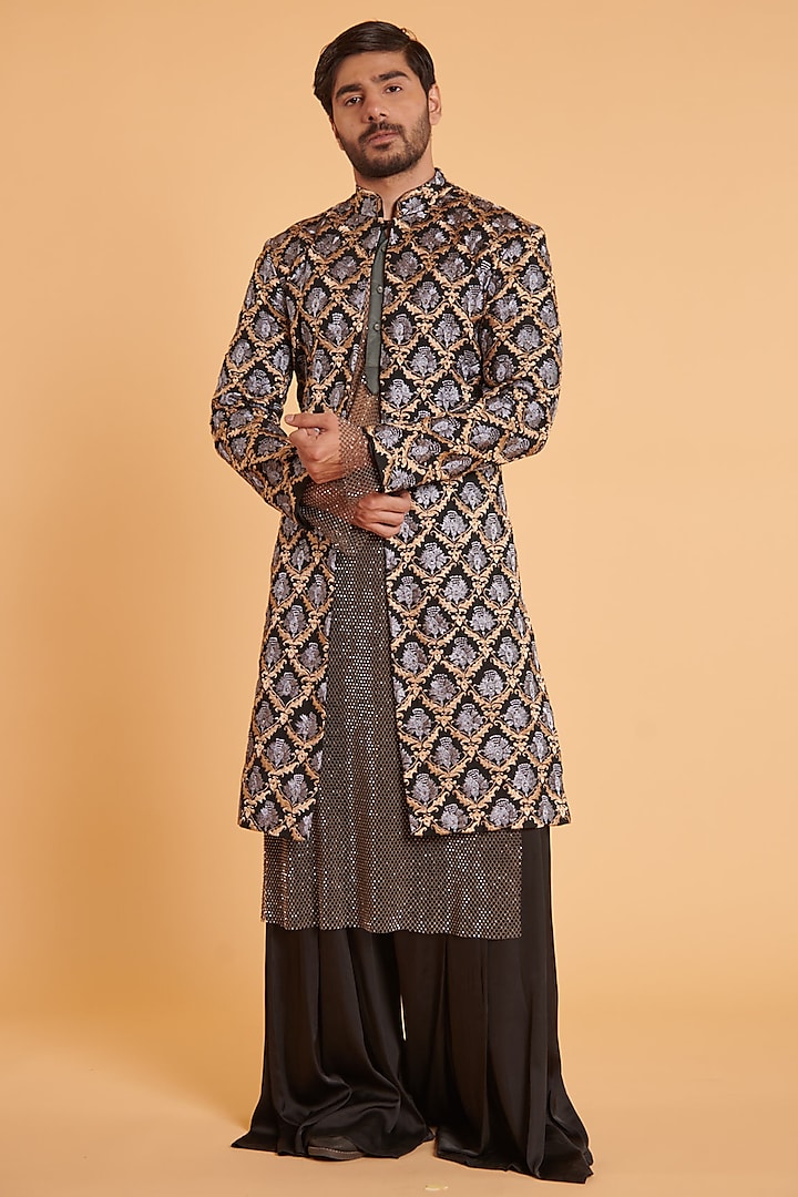 Grey Crystal Mesh Sheer Kurta Set by Siddartha Tytler Men at Pernia's Pop Up Shop