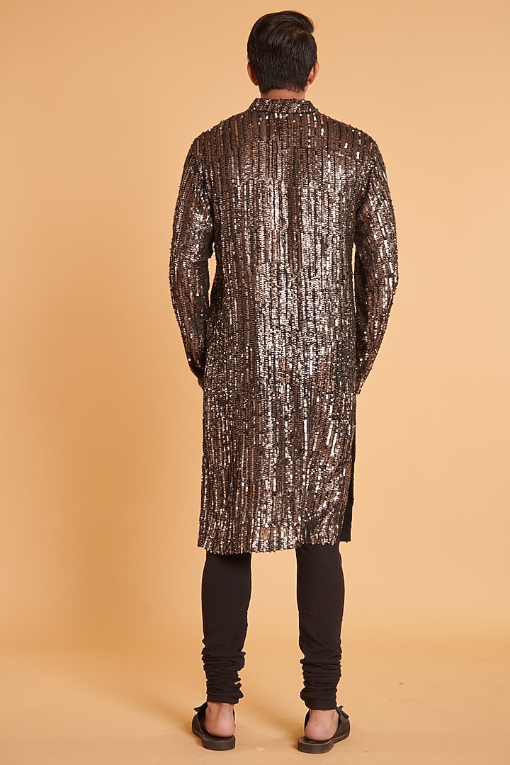 Gunmetal Grey Georgette Sequins Embroidered Kurta Set by Siddartha Tytler Men at Pernia's Pop Up Shop