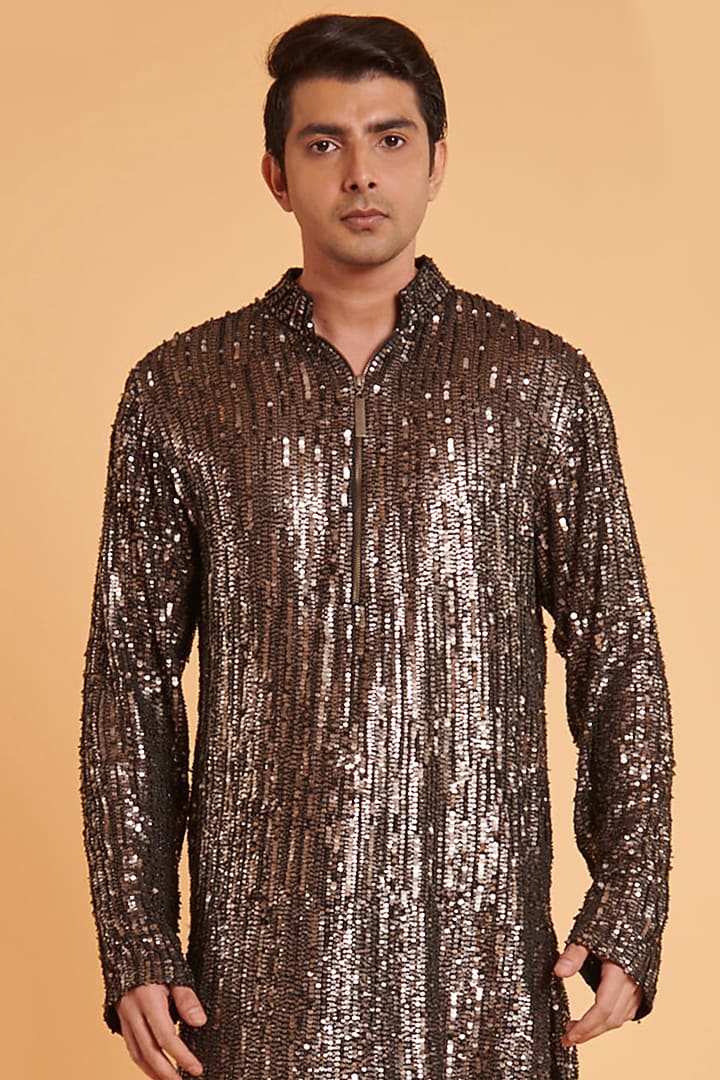 Gunmetal Grey Georgette Sequins Embroidered Kurta Set by Siddartha Tytler Men at Pernia's Pop Up Shop
