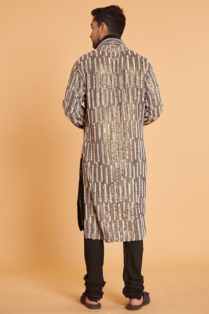 Black & Ivory Georgette Sequins Embroidered Checkered Kurta Set by Siddartha Tytler Men at Pernia's Pop Up Shop