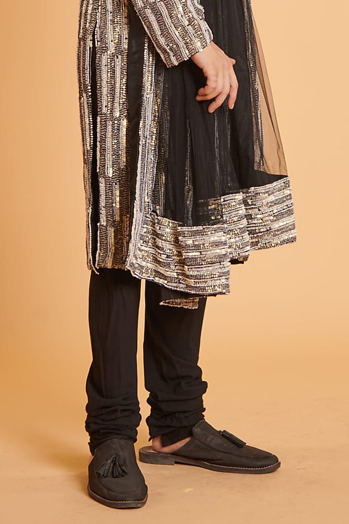 Black & Ivory Georgette Sequins Embroidered Checkered Kurta Set by Siddartha Tytler Men at Pernia's Pop Up Shop
