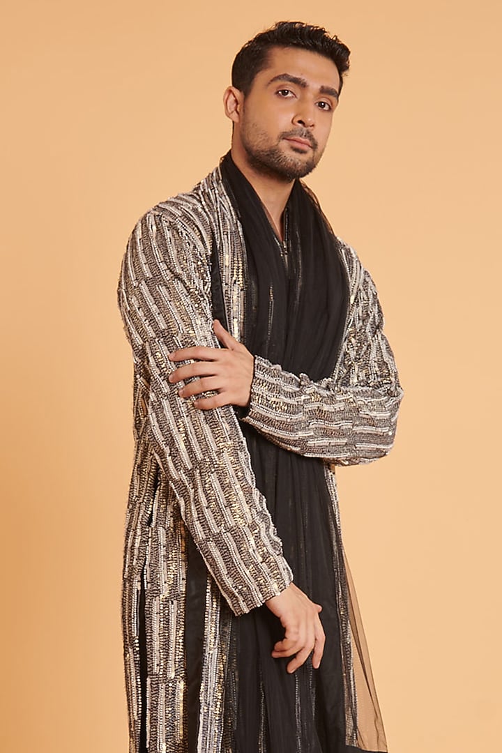 Black & Ivory Georgette Sequins Embroidered Checkered Kurta Set by Siddartha Tytler Men at Pernia's Pop Up Shop
