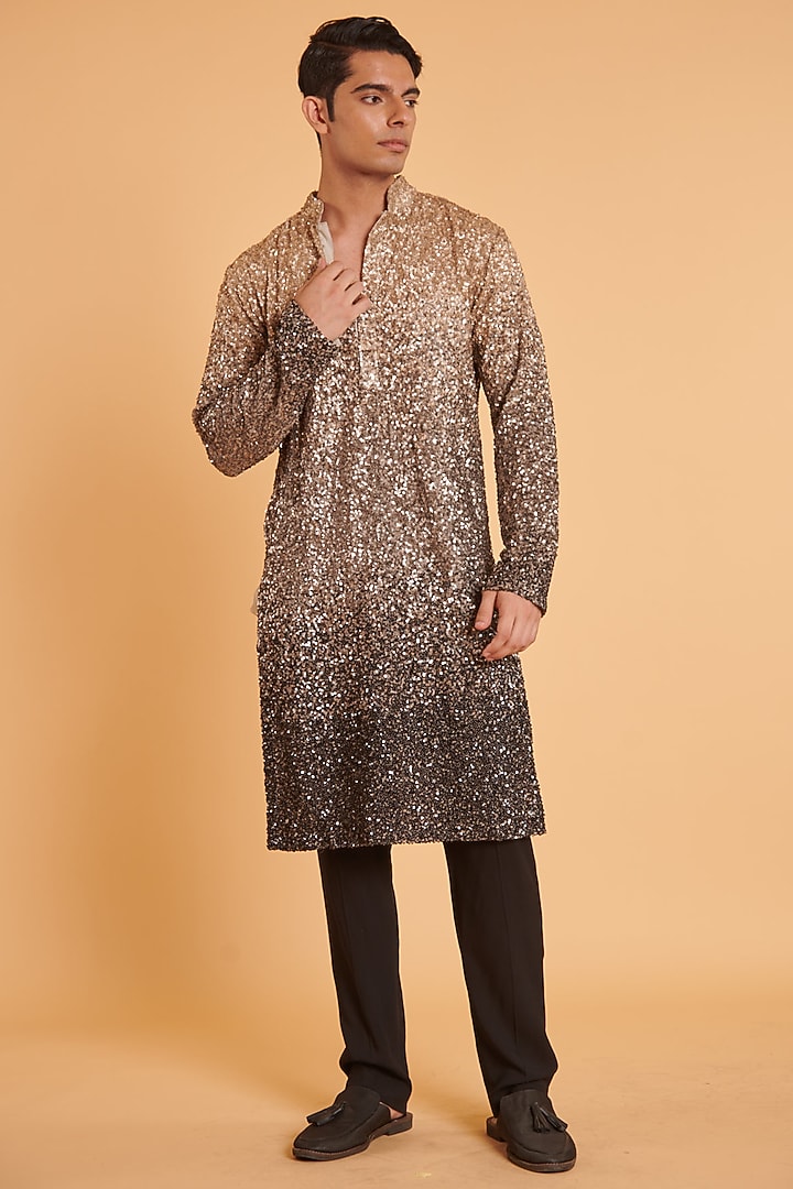 Grey & Nude Georgette Sequins Embroidered Ombre Kurta Set by Siddartha Tytler Men at Pernia's Pop Up Shop