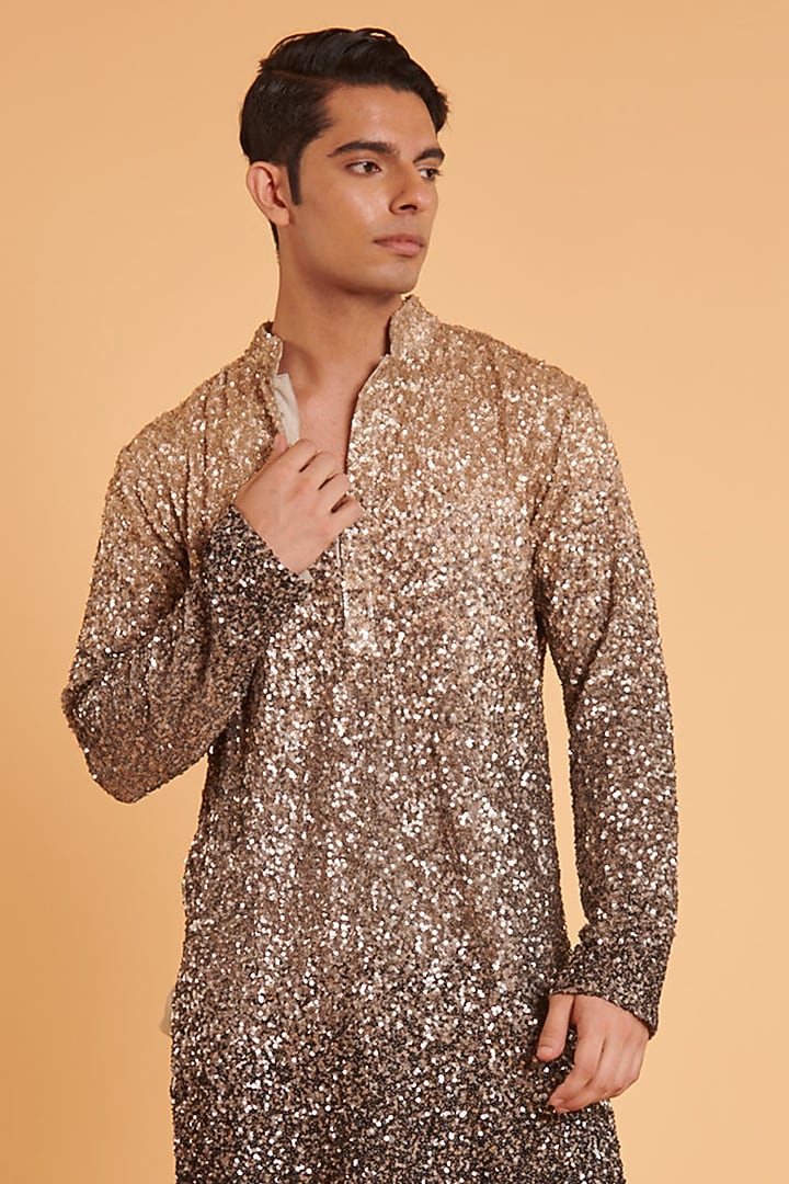 Grey & Nude Georgette Sequins Embroidered Ombre Kurta Set by Siddartha Tytler Men at Pernia's Pop Up Shop