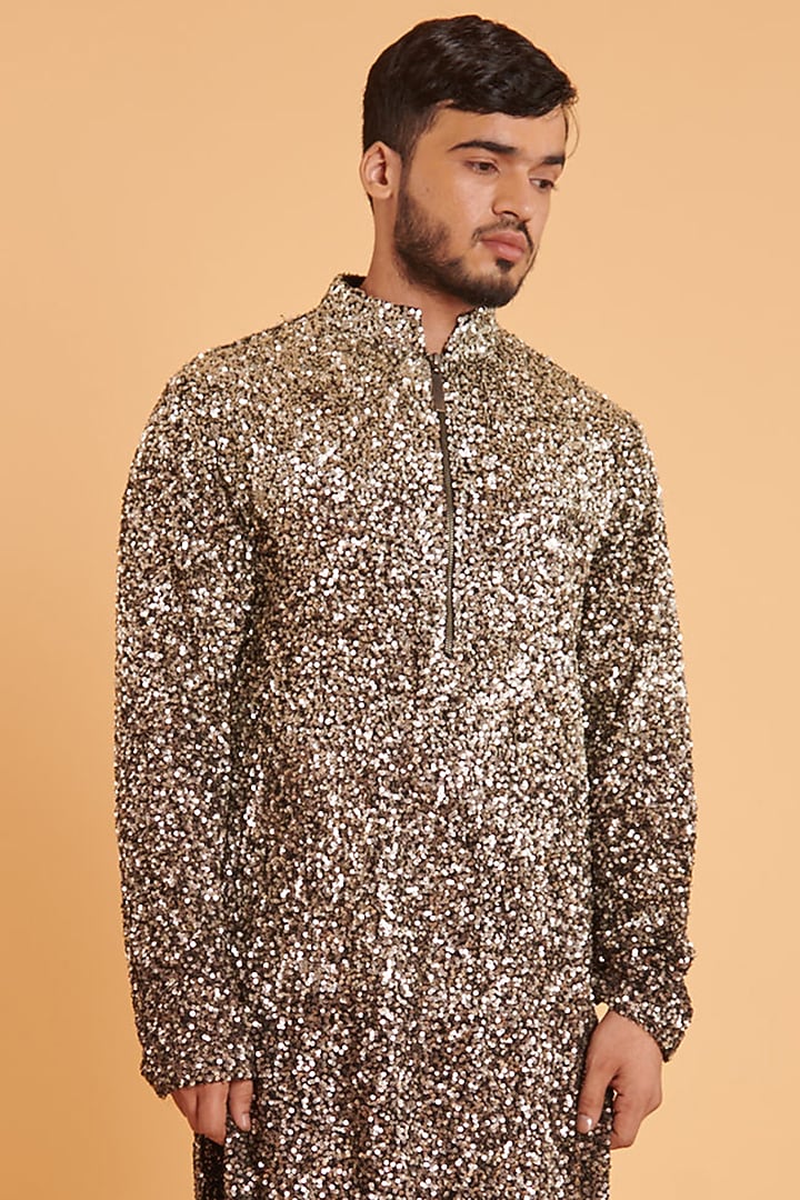 Grey & Black Georgette Sequins Embroidered Ombre Kurta Set by Siddartha Tytler Men at Pernia's Pop Up Shop