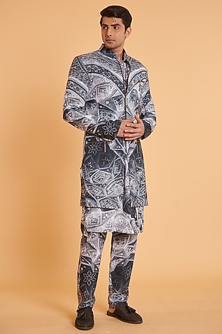 Grey Blended Linen Mughal Digital Printed Sherwani Set by Siddartha Tytler Men
