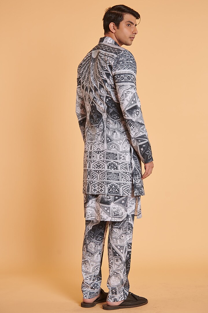 Grey Blended Linen Mughal Digital Printed Wedding Sherwani Set by Siddartha Tytler Men at Pernia's Pop Up Shop
