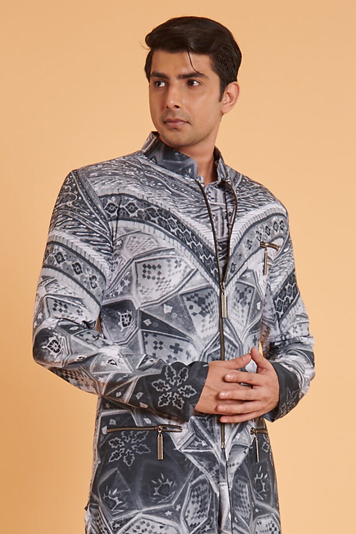 Grey Blended Linen Mughal Digital Printed Wedding Sherwani Set by Siddartha Tytler Men at Pernia's Pop Up Shop