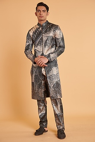 Black & Grey Taffeta Digital Printed Quilted Sherwani Set by Siddartha Tytler Men