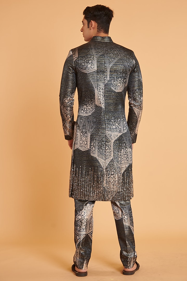 Black & Grey Taffeta Digital Printed Quilted Groom Sherwani Set by Siddartha Tytler Men at Pernia's Pop Up Shop