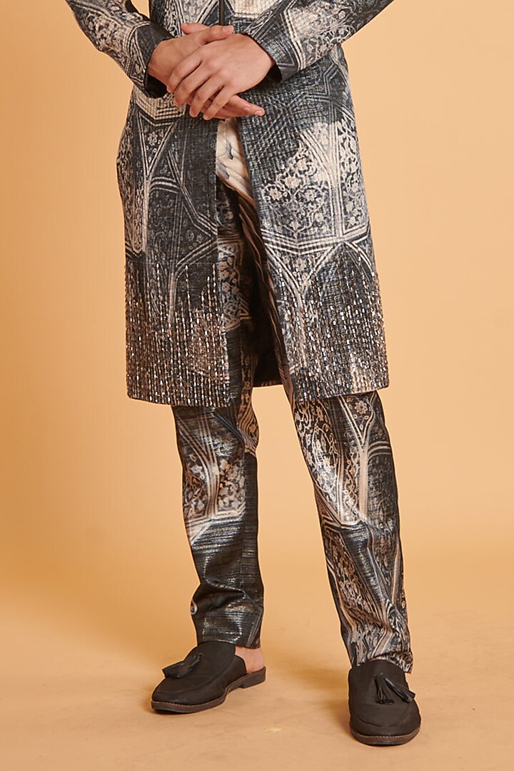 Black & Grey Taffeta Digital Printed Quilted Groom Sherwani Set by Siddartha Tytler Men at Pernia's Pop Up Shop