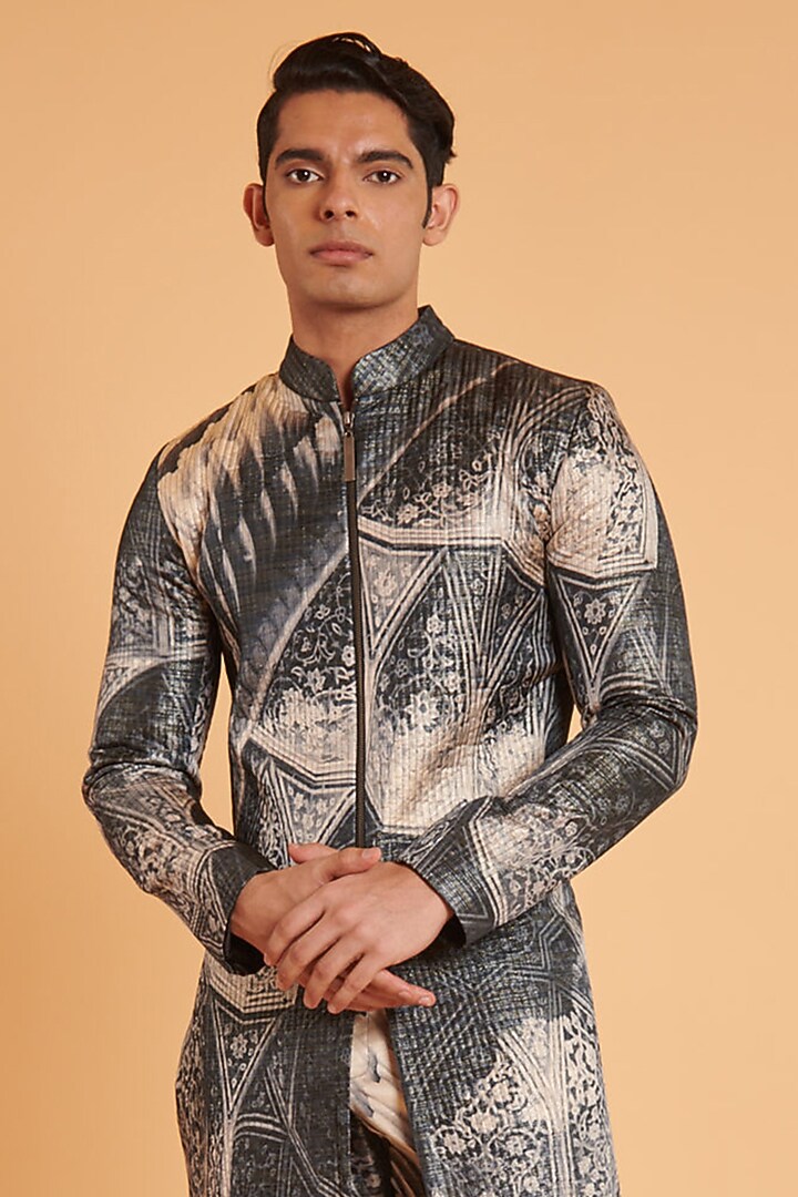 Black & Grey Taffeta Digital Printed Quilted Groom Sherwani Set by Siddartha Tytler Men at Pernia's Pop Up Shop