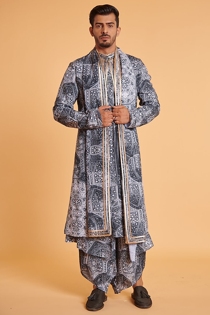 Grey Blended Linen Mughal Digital Printed Achkan Set by Siddartha Tytler Men
