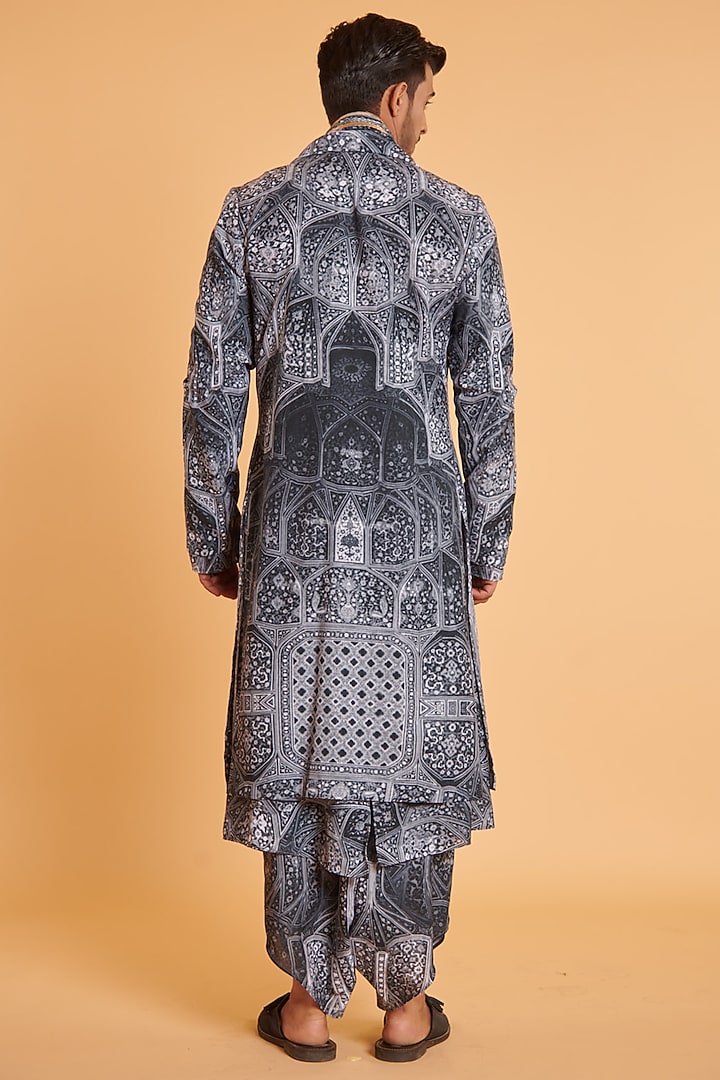 Grey Blended Linen Mughal Digital Printed Achkan Set by Siddartha Tytler Men at Pernia's Pop Up Shop
