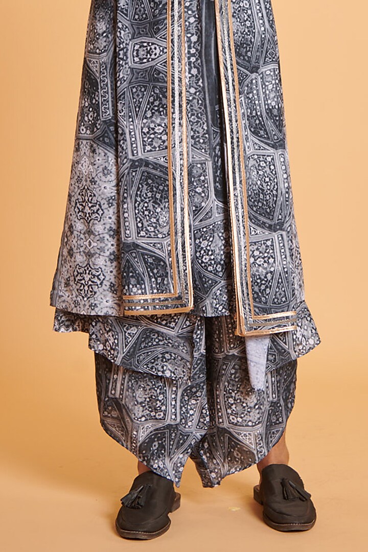 Grey Blended Linen Mughal Digital Printed Achkan Set by Siddartha Tytler Men at Pernia's Pop Up Shop