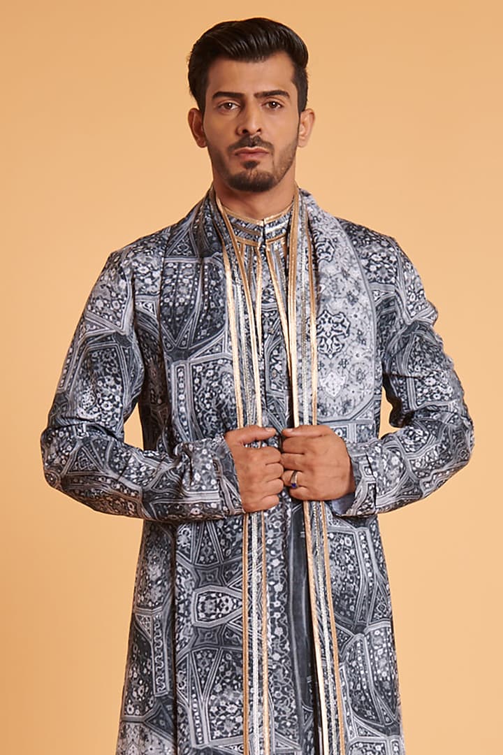 Grey Blended Linen Mughal Digital Printed Achkan Set by Siddartha Tytler Men at Pernia's Pop Up Shop