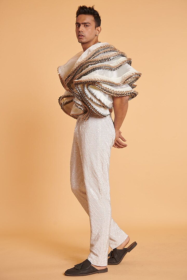 Ivory Crystal Mesh Hand Embroidered Pants by Siddartha Tytler Men at Pernia's Pop Up Shop