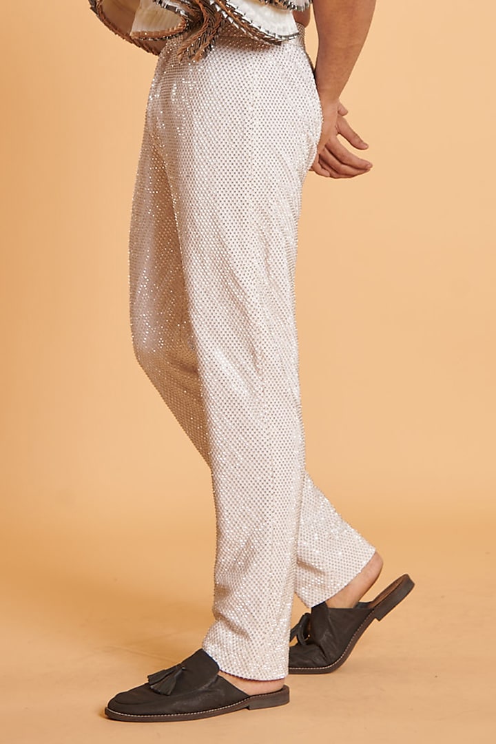 Ivory Crystal Mesh Hand Embroidered Pants by Siddartha Tytler Men