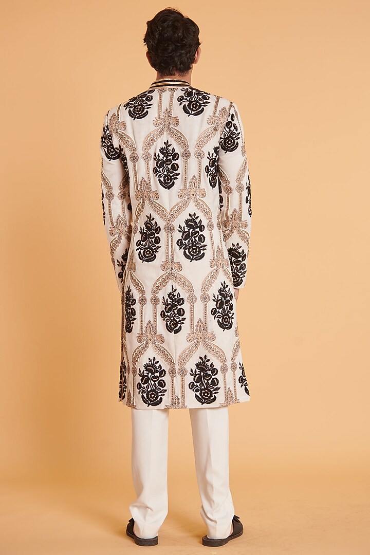 Ivory Matka Silk Thread Embroidered Groom Sherwani Set by Siddartha Tytler Men at Pernia's Pop Up Shop