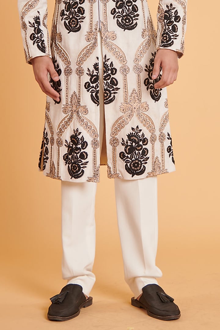 Ivory Matka Silk Thread Embroidered Groom Sherwani Set by Siddartha Tytler Men at Pernia's Pop Up Shop