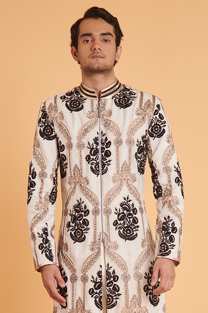 Ivory Matka Silk Thread Embroidered Groom Sherwani Set by Siddartha Tytler Men at Pernia's Pop Up Shop
