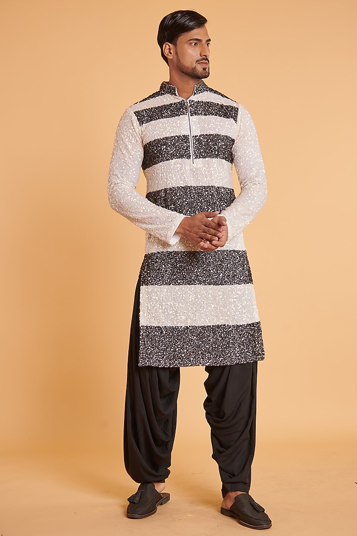Ivory & Black Georgette Hand Embroidered Striped Kurta Set by Siddartha Tytler Men at Pernia's Pop Up Shop