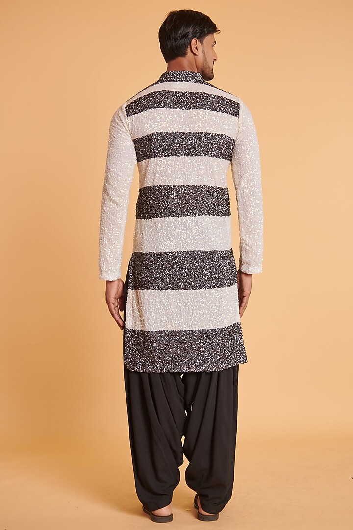 Ivory & Black Georgette Hand Embroidered Striped Kurta Set by Siddartha Tytler Men at Pernia's Pop Up Shop