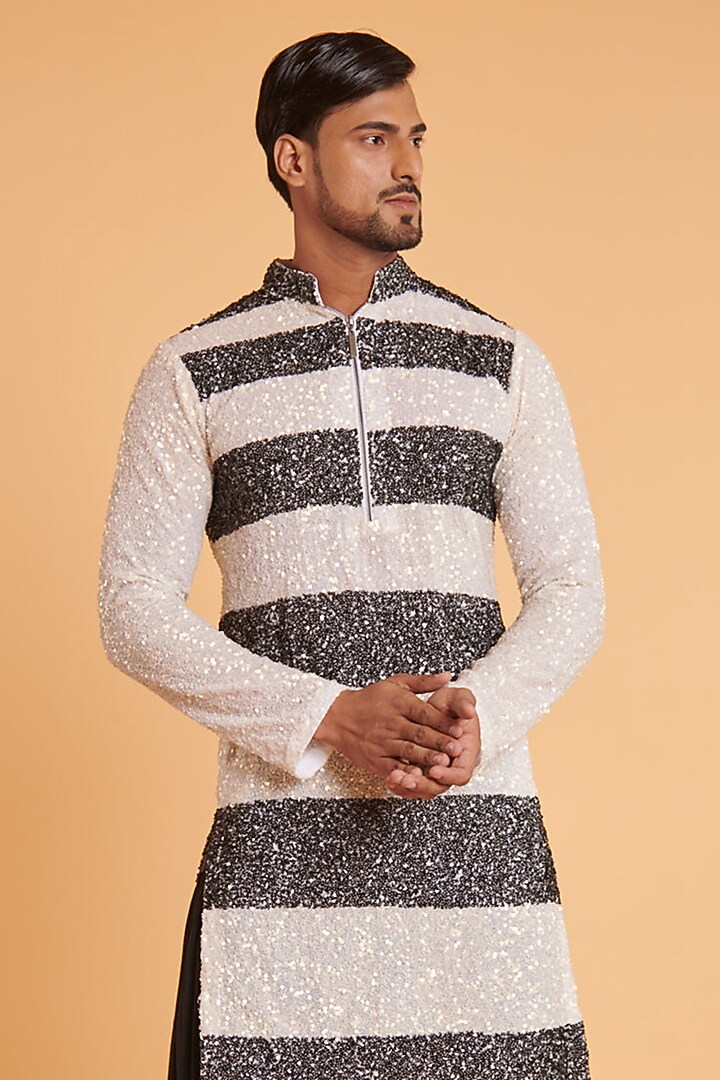 Ivory & Black Georgette Hand Embroidered Striped Kurta Set by Siddartha Tytler Men at Pernia's Pop Up Shop