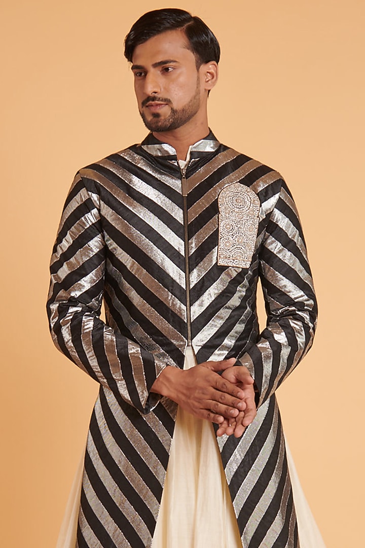Black & Gunmetal Grey Taffeta Striped Chevron Groom Sherwani by Siddartha Tytler Men at Pernia's Pop Up Shop