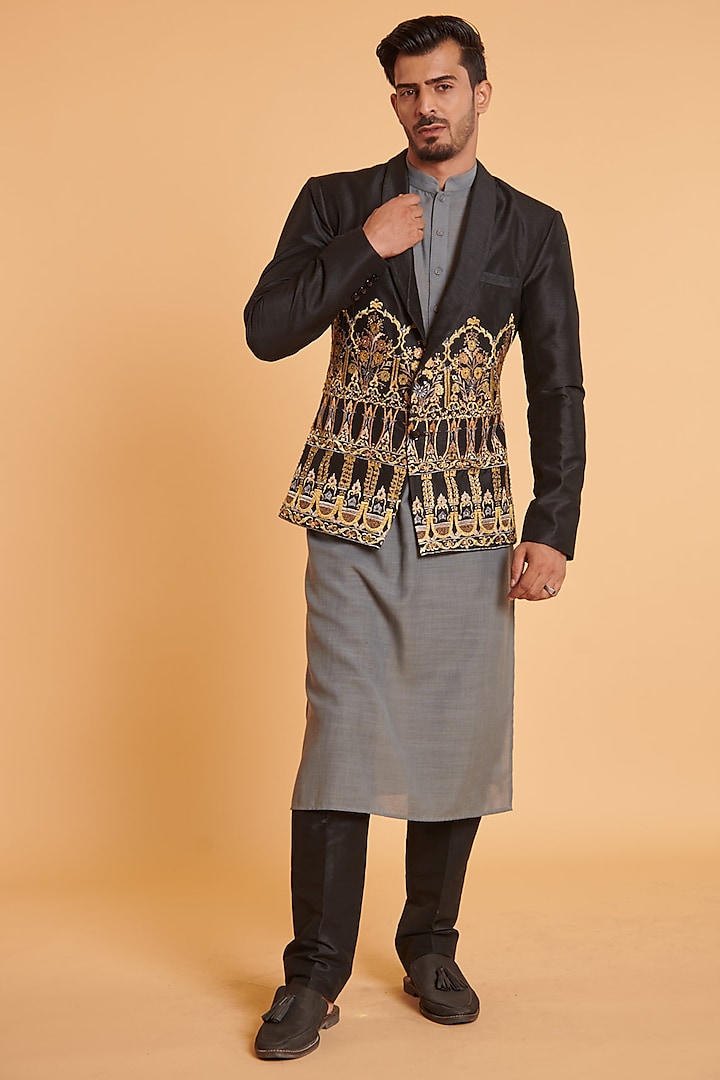 Black Tussar Zari Embroidered Jacket Set by Siddartha Tytler Men