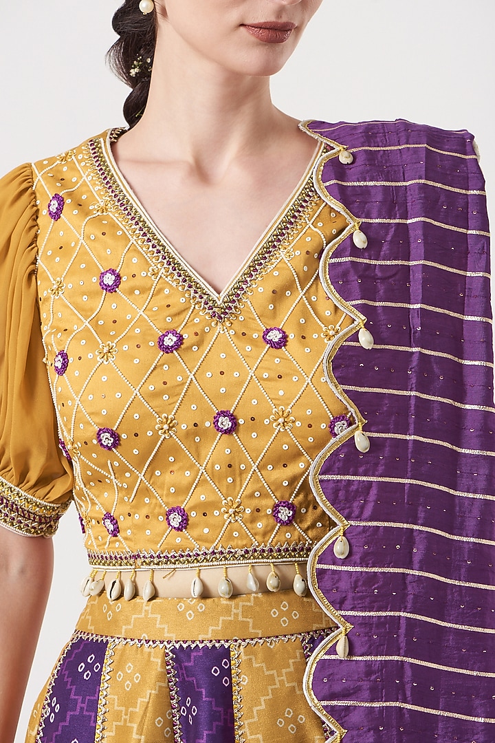 Mustard & Purple Embroidered Wedding Lehenga Set by Studio Bagechaa at Pernia's Pop Up Shop